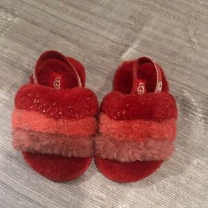 UGG Kids Red and Pink Fluffy Slippers